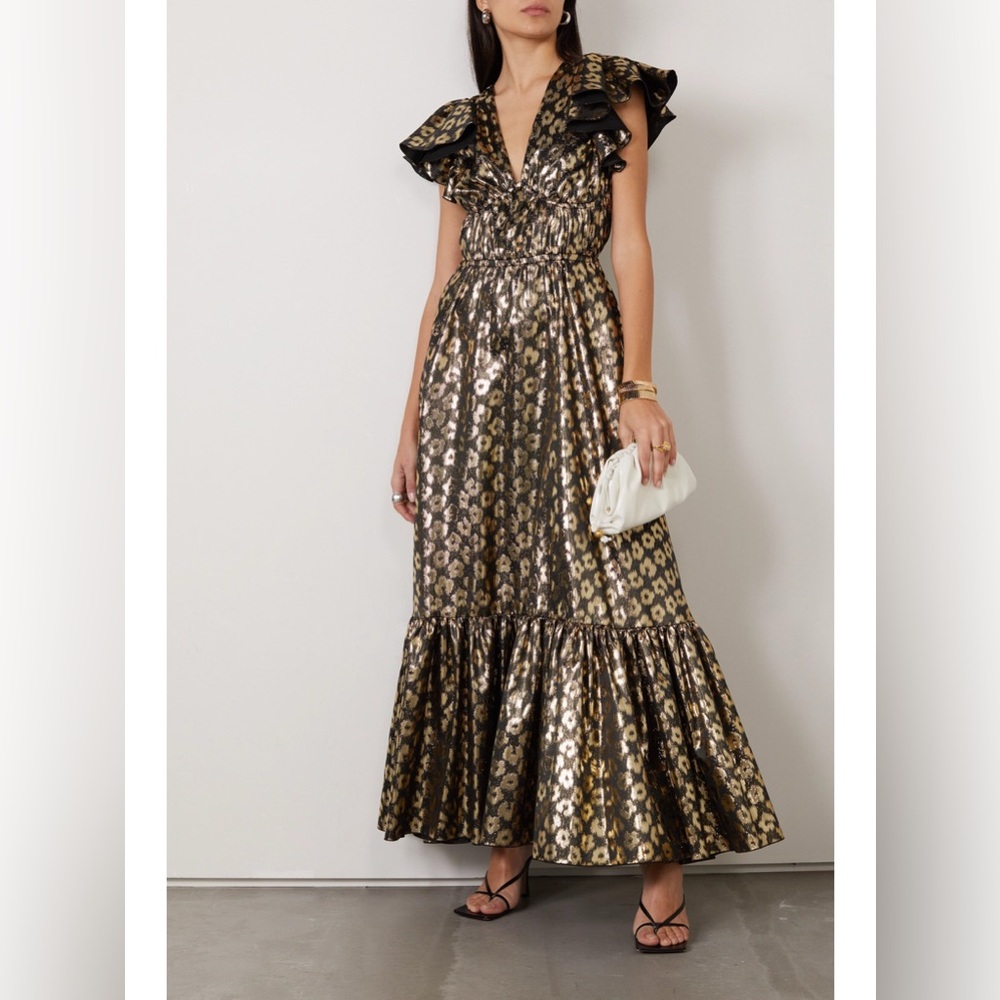 LA DOUBLEJ Keira gathered metallic satin-jacquard maxi dress